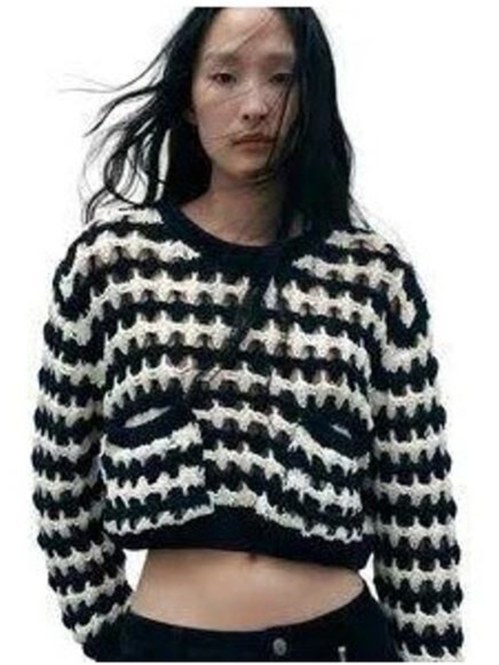 ZARA Dark Blue White Cropped Chunky Open Knit Sweater Pockets Nautical S Preppy